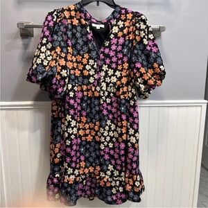 THML Black Floral Button-Front Top with Pink & Blue Blooms